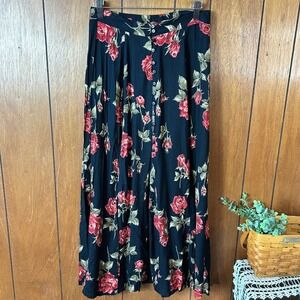 Express Floral Maxi Skirt Black Red Roses Button Front Midi Length Size Medium